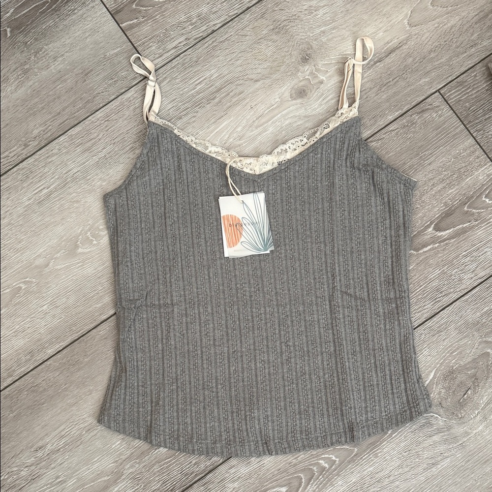 Gray Lace Trim Ribbed Women's Top multiple sizes new by blu pepper